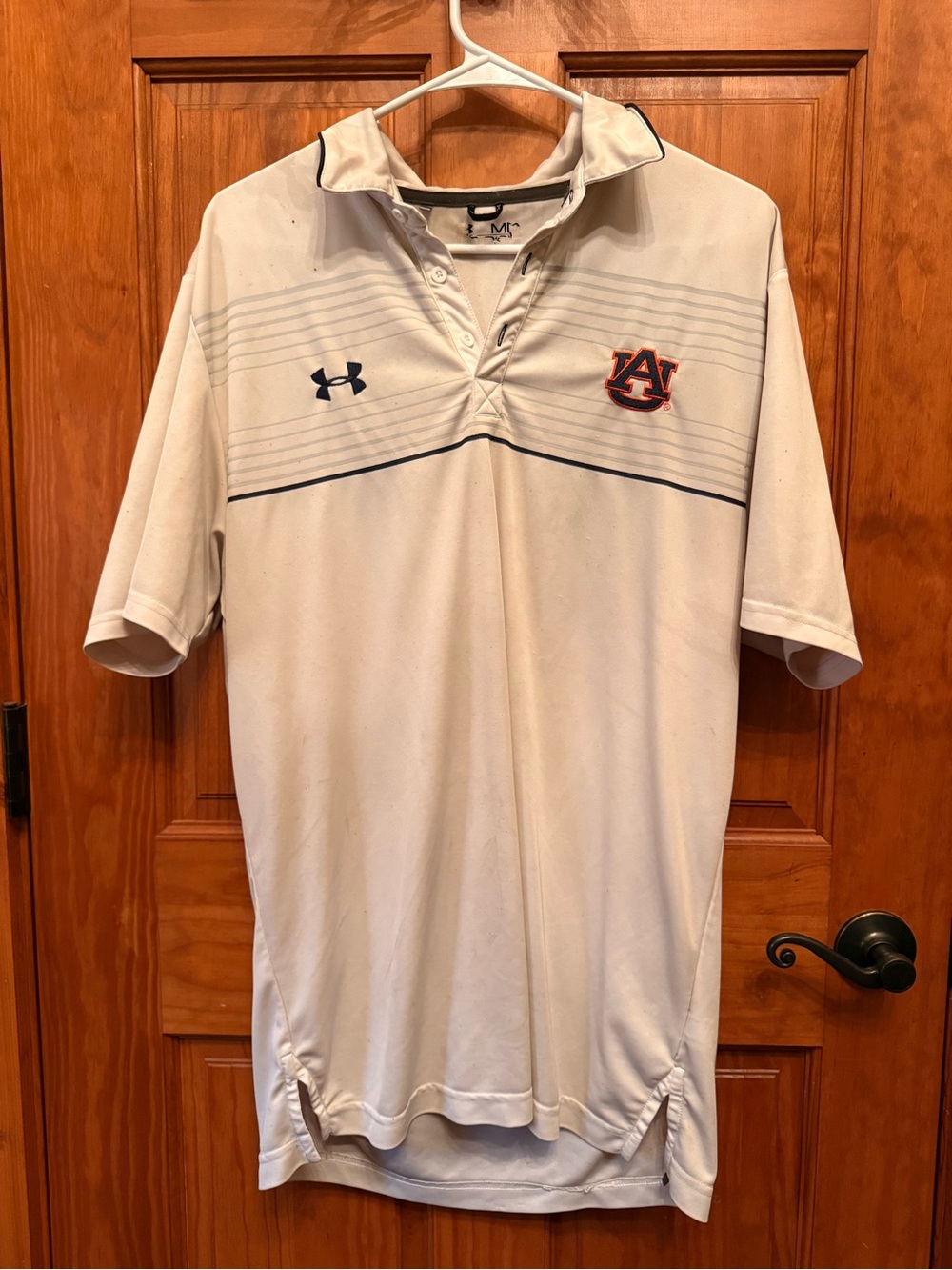 Under Armour Men's White Polo with Navy and Orange Auburn Logo